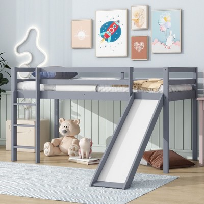 NicBex Twin Size Loft Bed Low Height Wooden Bed Frame with Slide, Ladder and Full Length Guardrail, No Box Spring Required, Space Saving