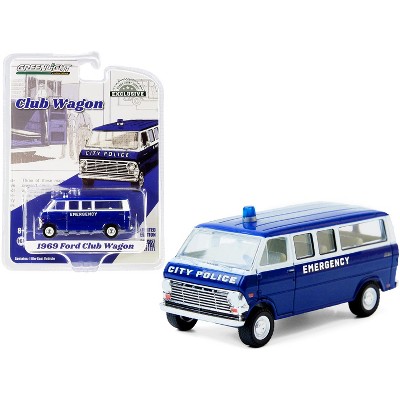 1969 Ford Club Wagon Bus Dark Blue and White "City Police Emergency" "Hobby Exclusive" 1/64 Diecast Model Car by Greenlight