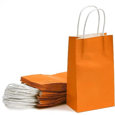 25 pcs 5"x3.15"x9" Orange Kraft Paper Gift Bags, Party Favor, Shopping Bags with Handles