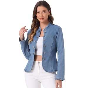 Allegra K Women's Stand Collar Long Sleeve Open Front Distressed Denim Blazer - 1 of 4