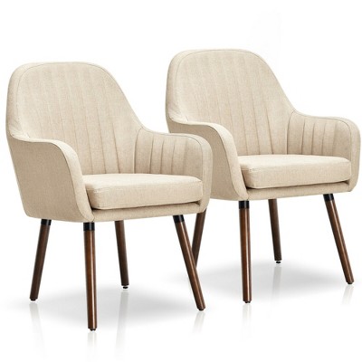 Costway Set of 2 Accent Chairs Fabric Upholstered Armchairs w/Wooden Legs Beige