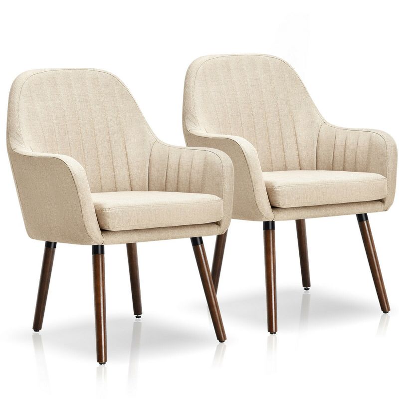 Costway Set of 2 Accent Chairs Fabric Upholstered Armchairs w/Wooden Legs Beige/Gray, 1 of 11