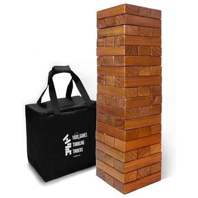 YardGames On the Go Large Jr Tumbling Timbers Wood Tower Stacking Indoor Outdoor Party Game with 54 Stained Pine Blocks and Nylon Carrying Case