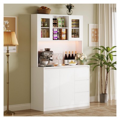 71" Tall Kitchen Pantry Cabinet, Kitchen Storage Hutch, Microwave Stand, Glass Door, Adjustable Shelves, Handless Design