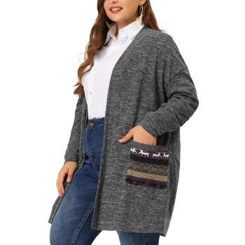 Agnes Orinda Women's Plus Size Long Sleeve Patch Pocket Open Front Knit Sweater Cardigan