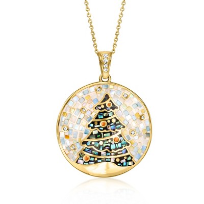 Ross-Simons 0.20 ct. t.w. Multi-Gemstone, Mother-Of-Pearl and Abalone Shell Christmas Tree Mosaic Inlay Pendant Necklace With Enamel in 18kt Gold Over