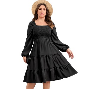 Clearlove Womens Plus Size Square Neck Dresse High Waist Smocked Ruffle A Line Tiered Flowy Maxi Dress with Pocket - 1 of 4