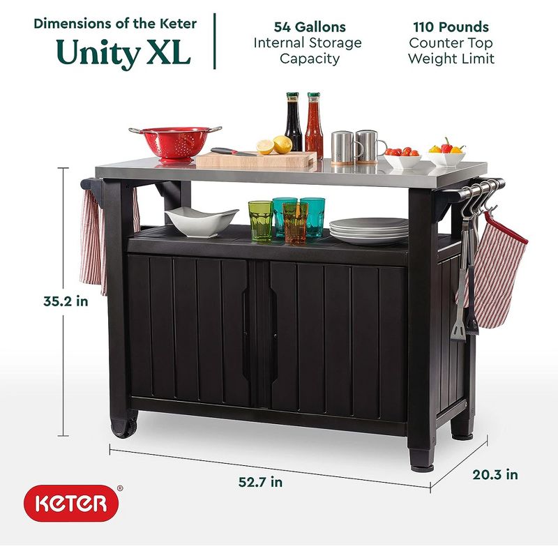 Keter Unity XL Outdoor Kitchen Island Rolling Cart Bar Table & Storage Cabinet, Grill Station with Utensil Hooks for Grilling Accessories, Brown, 2 of 7