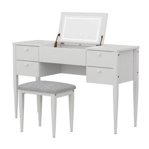 Coucheta 3 in 1 Small Vanity Desk Flip Top Mirror LED Lights Makeup Table 5 Drawers Adjustable Lighting Cushioned Chair - 1 of 4