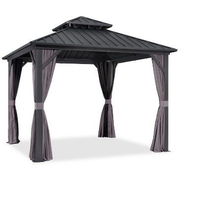 PURPLE LEAF Permanent Hardtop Gazebo Aluminum Frame Gazebo with Galvanized Steel Double Roof, UV-Resistant, Netting & Curtains included - Grey