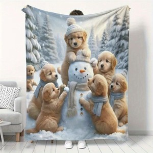 Lomsoe Winter Snowman & Golden Retriever Puppies Flannel Blanket with Snowman & Puppies Design - Cozy Golden Retriever Dog Lovers Gift. - 1 of 3