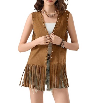 Women's 70s Hippie Fringe Vest Cardigan Rivets Sleeveless Jacket