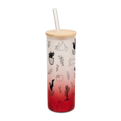 Elanze Designs Cactus Plant Desert Kitty Cat Lover Wrap-Around Design 25 Ounce Frosted Gradient Glass On-The-Go Coffee Travel Skinny Tumbler Mug Cup,
