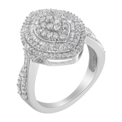 Silver 1.0 Cttw Diamond Marquise-Shaped Cluster Halo Cocktail Fashion Ring