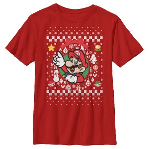 Boy's Nintendo Ugly Christmas Mario Wreath T-Shirt - 1 of 3