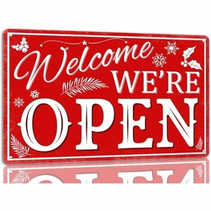 Lomsoe Welcome We're Open Tin Sign Funny Christmas Metal Signs Retro Santa Sign Christmas Wall Art Decor For Home Cafe Shop 8x12 Inch - 1 of 1