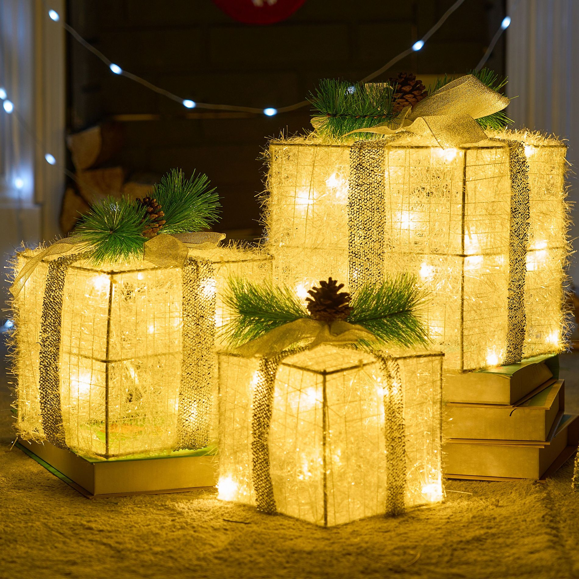 Joyfy 3Packs Christmas Gift Box Lights, Present Boxes Yard Light Decorations, 60 LED Warm White Lights for Christmas Eve Night Indoor Outdoor Decor