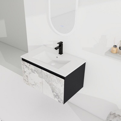 30'' White and Gray Floating Wall-Mounted Bathroom Vanity with Ceramic Sink