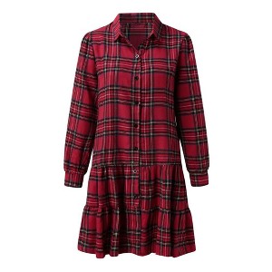 Coolmee Women's Plaid Tunic Dress Long Sleeve V Neck Loose Shirt Dress Casual Ruffle Hem Swing Babydoll Mini Dress - 1 of 4