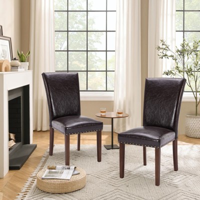 Set of 2 PU Leather Parsons Dining Chairs with Nailhead Trim and Wood Legs, Upholstered Kitchen Side Chairs for Dining Room