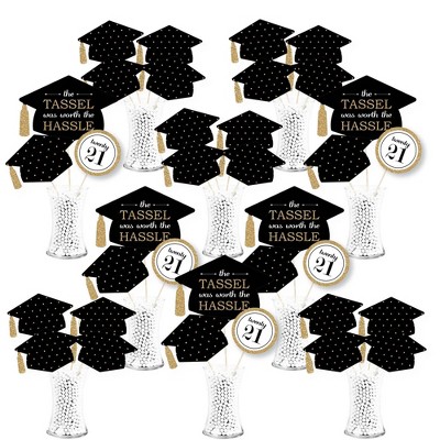 Big Dot of Happiness Gold - Tassel Worth The Hassle - 2021 Graduation Party Centerpiece Sticks - Showstopper Table Toppers - 35 Pieces