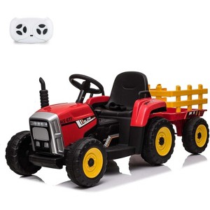 12V Kids Battery Powered Electric Tractor with Trailer, Toddler Ride On Car, RC, 7-LED Headlights/ 2+1 Gear Shif, for Kids - 1 of 4