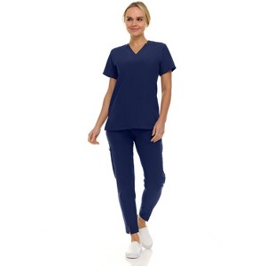 Saint Scrubs Womens 9-Pocket Medical Uniform Set- V-Neck Stretch Top with Tapered Straight Leg Pants - 1 of 4