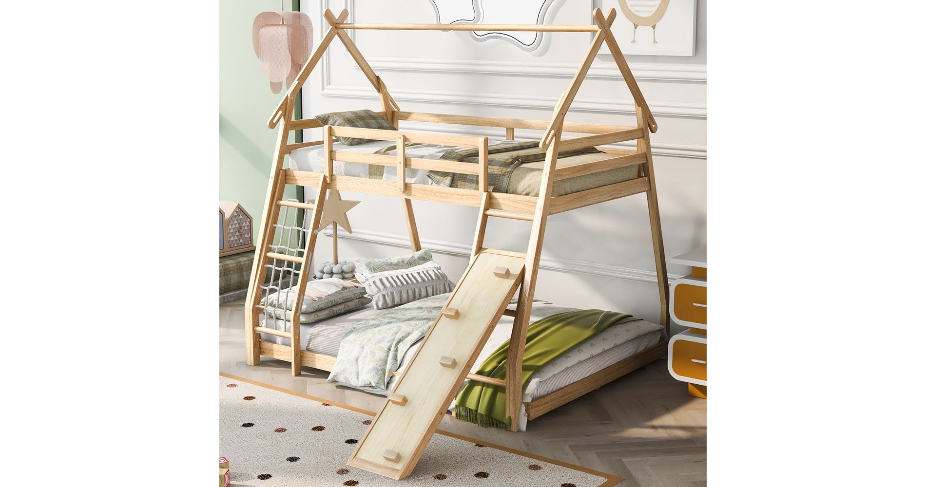 Twin Over Queen Size Bunk Bed, Wooden House Shape Bunk Bed Frame With Climbing Nets And Climbing Ramp For Boys Girls Teens, Natural