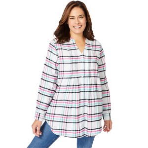 Woman Within Women's Plus Size Pintucked Flannel Shirt - 1 of 4