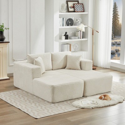 76" Cloud L-Shaped Sectional Couch with Double Chaise,Modular Deep Seat Beige Corduroy Sofa for Living Room,Modern Plush Sectional Couch-Coolbibila