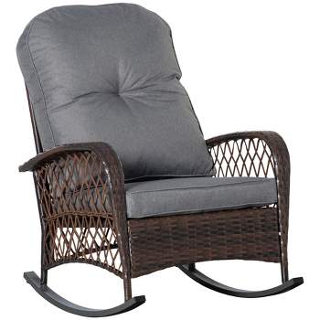 Outsunny Outdoor Wicker Rocking Chair, Patio PE Rattan Recliner Rocker Chair with Soft Cushion, for Garden Backyard Porch