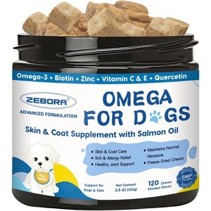 ZEBORA Omega 3 for Dogs – Salmon oil with EPA DHA, biotin & vitamin E; supports skin, coat, allergies, hot spots, shedding & joint health 120chews - 1 of 4