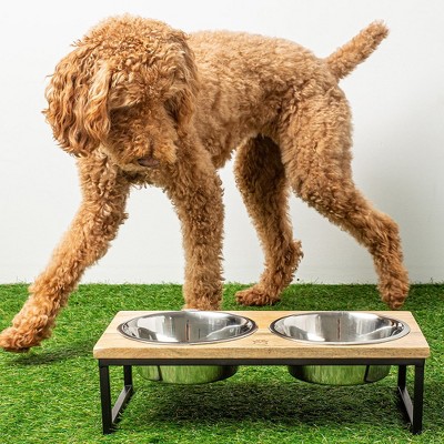 Tall Mango Wood and Metal Elevated Pet Feeder with Stainless Steel Bowls