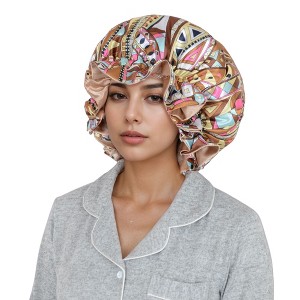 Anna-Kaci Satin Lined Print Bonnet Large Ruffled Edge Adjustable Sleep Cap for Natural Hair Protection - 1 of 4