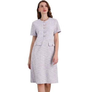 INSPIRE CHIC Women's Crew Neck Short Sleeve Tweed Button Decor Elegant Work Sheath Midi Dress - 1 of 4