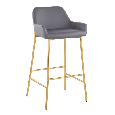 Set of 2 Gold Metal and Gray Faux Leather Bar Stools