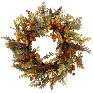 Northlight Real Touch™️ Mixed Foliage and Berries Artificial Fall Harvest Wreath - 24" - Unlit - 1 of 4