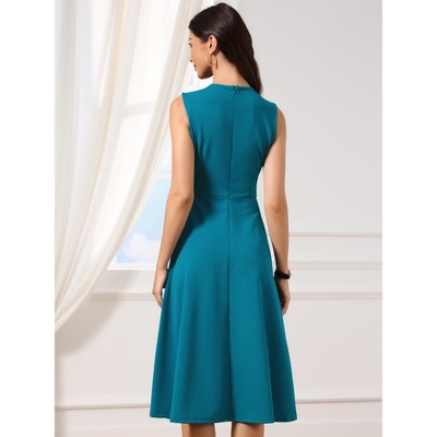 Женские платья INSPIRE CHIC Women's Crew Neck Sleeveless Work Elegant Party Cocktail Pleated A-Line Midi Dresses Peacock Blue Small — фото 3