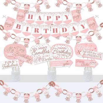 Big Dot of Happiness Pink Rose Gold Birthday - Banner and Photo Booth Decorations - Happy Birthday Party Supplies Kit - Doterrific Bundle