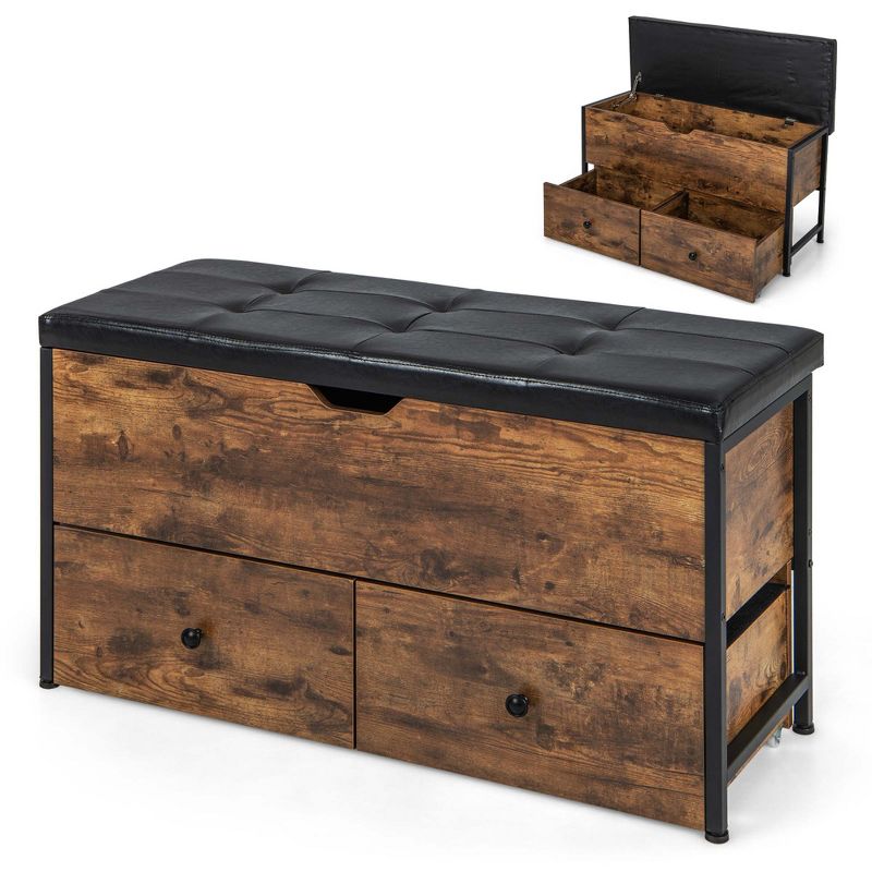 Costway Storage Ottoman Bench Flip Top Wooden Storage Chest with Cushion & 2 Drawers, 1 of 11