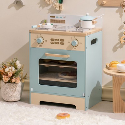 ROBOTIME Pretend Play Toy Oven Wooden Kitchen Playset Accessories with Pizza and Cupcakes Food Toys for Kids Age 3+, Blue, 11.8"*16"*22.4"