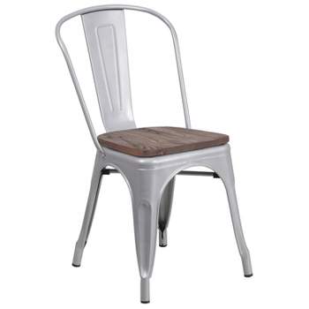 Merrick Lane Series Dining Chair - Blue Metal Frame - Textured Wooden Seat - Slatted, Curved Back