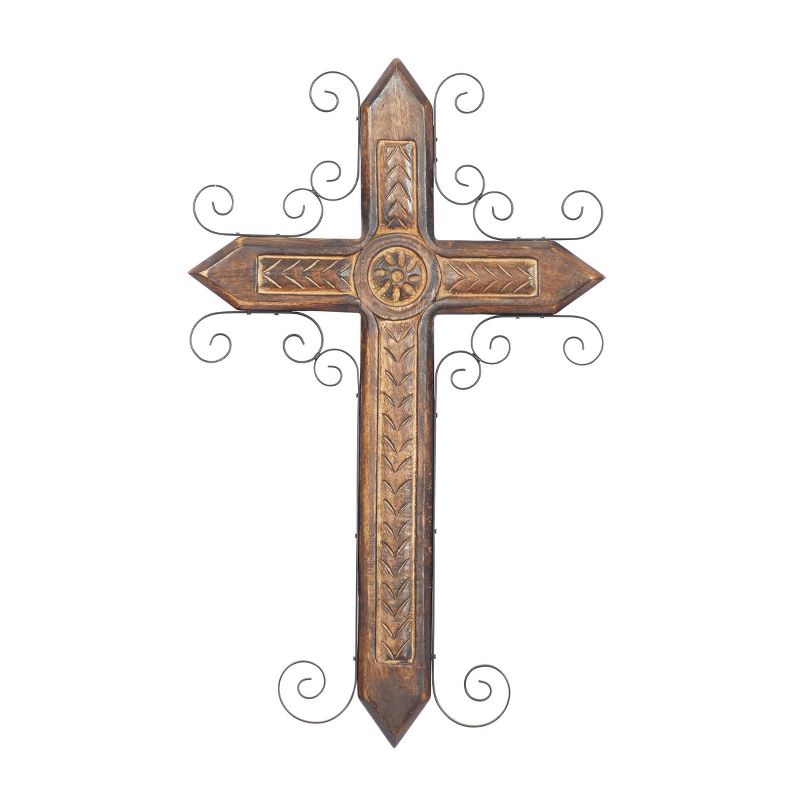 Mango Wood Biblical Carved Cross Wall Decor with Metal Scrollwork Brown - Olivia &#38; May, 2 of 7