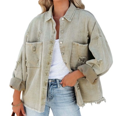 Coolmee Women's Oversized Ripped Denim Jacket Frayed Hem Button Front Boyfriend Jean Coat Western Shacket with Pockets
