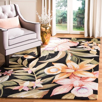Handmade Black Floral Wool Hooked Area Rug