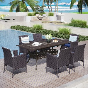 Captiva Designs Outdoor 7Pc Cast Aluminum Square Metal Dining Table with Umbrella Hole & Cushioned Wicker Rattan Chairs - 1 of 4