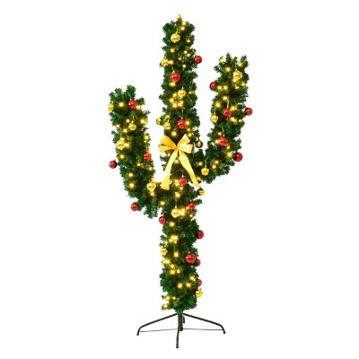 Costway 7Ft Pre-Lit Cactus Christmas Tree LED Lights Ball Ornaments