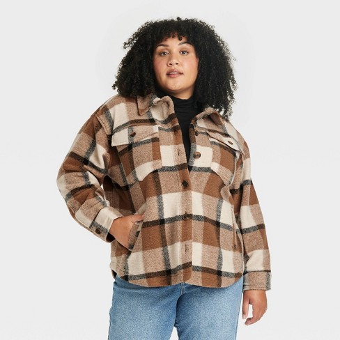 Allegra K Women's Faux Fleece Button Down Casual Warm Plaid Jackets Brown  Large : Target