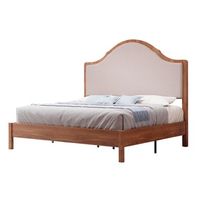 AMERLIFE Wood Bed Frame with Tall Upholstered Curved Headboard, Solid Wood Platform, No Box Spring Needed, Wood Slat Support