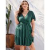 Women Plus Size V Neck Wrap Dress High Waist Short Sleeve Ruffle Casual Summer Midi Dress with Belt,dark green,5XL - 3 of 4